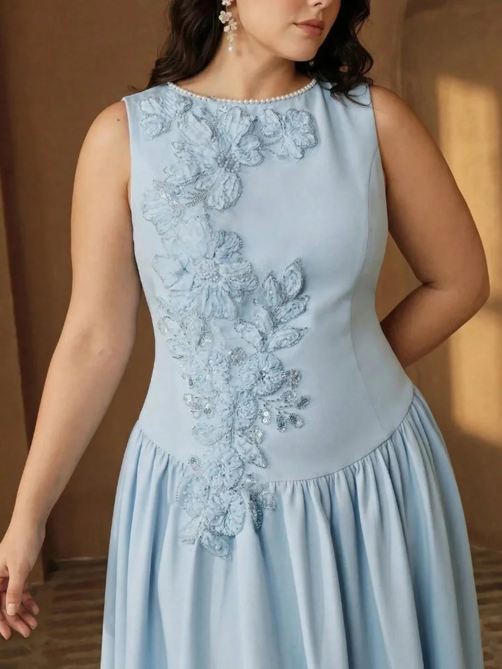Blue Elegant Women's Plus Size Pearl Floral Pleated A-Line Maxi Dress